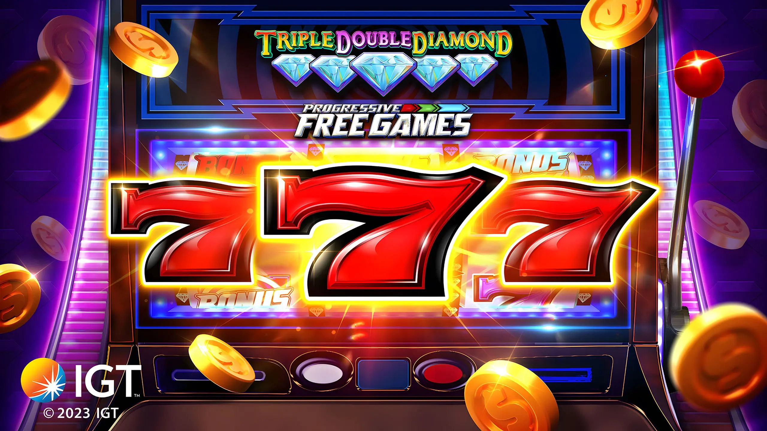 Three red seven symbols with diamonds on a classic-style slot machine
